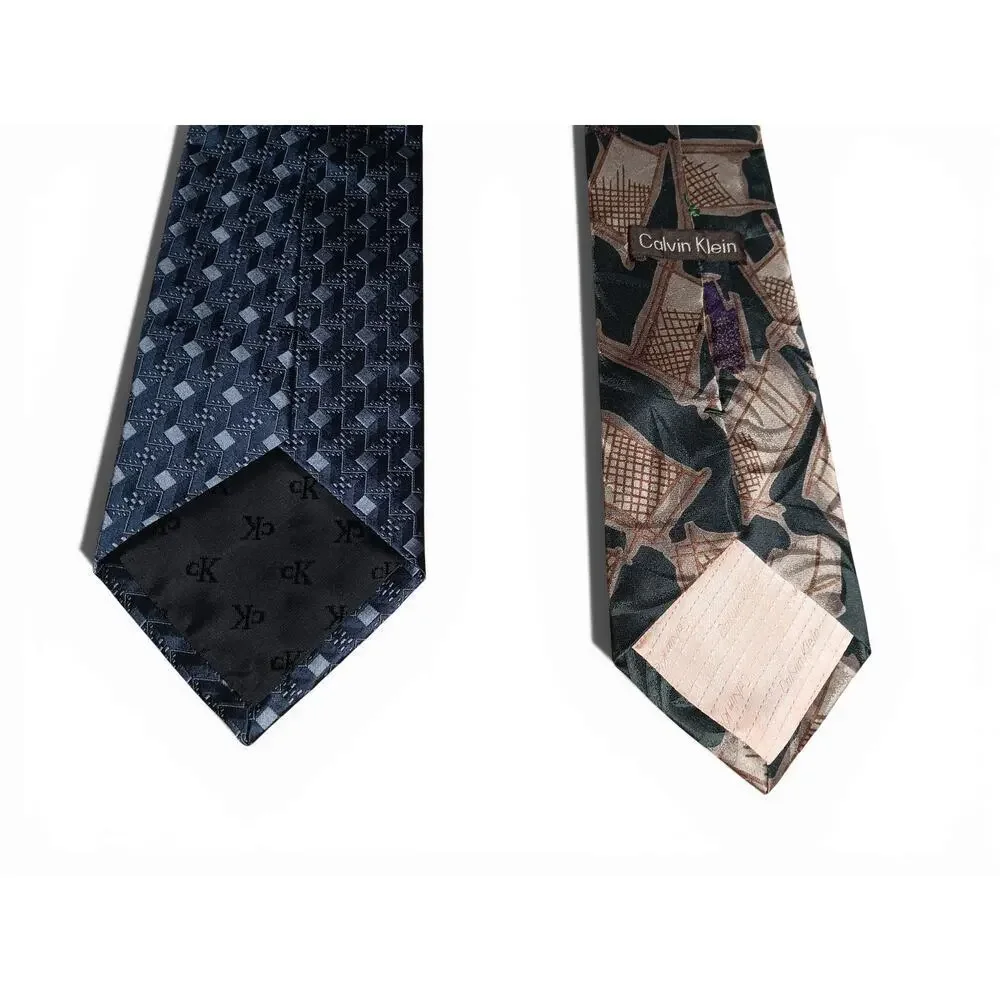 Calvin Klein 100% Silk Tie Lot 2pc Blue Geometric & Abstract Print 56”